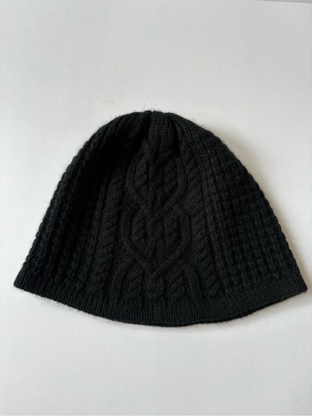 Jaclyn Smith Black Wool Rabbit Hair Beanie Hat Jacquard Preppy Fisherman Knit